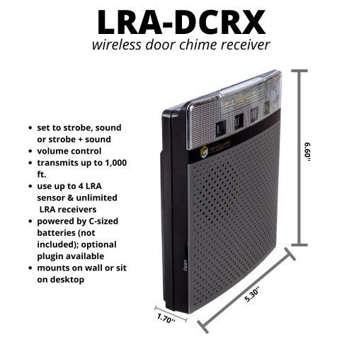 The LRA-DCRX receiver is battery powered or optional plug. 1,000 ft. range, works with 4 transmitters, bright strobe light and is very loud.